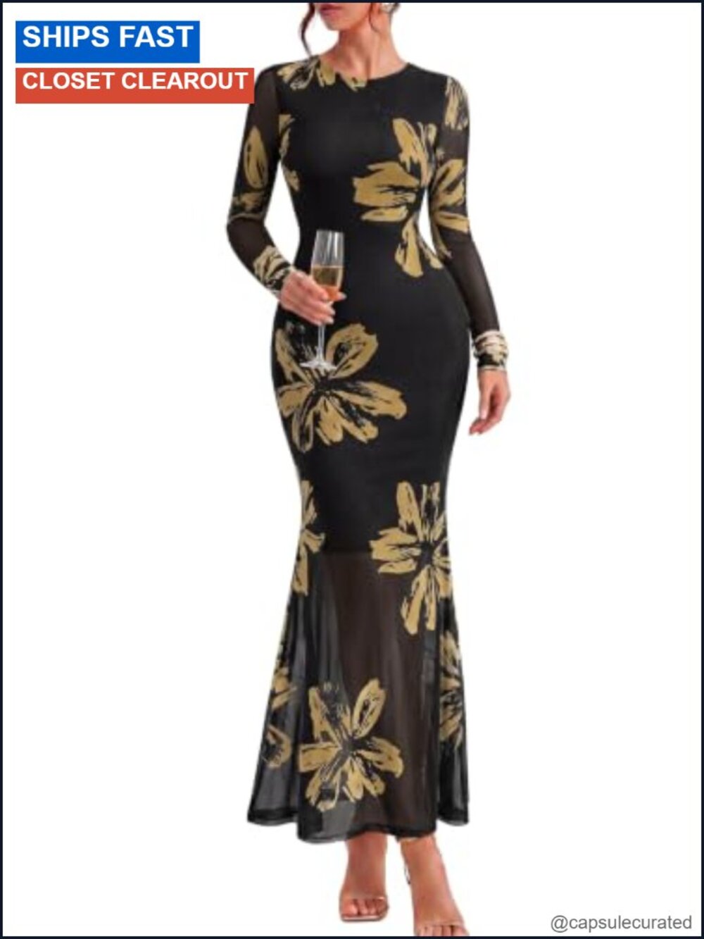 Floral Maxi Dress Long Sleeve Mermaid Formal Wedding Guest